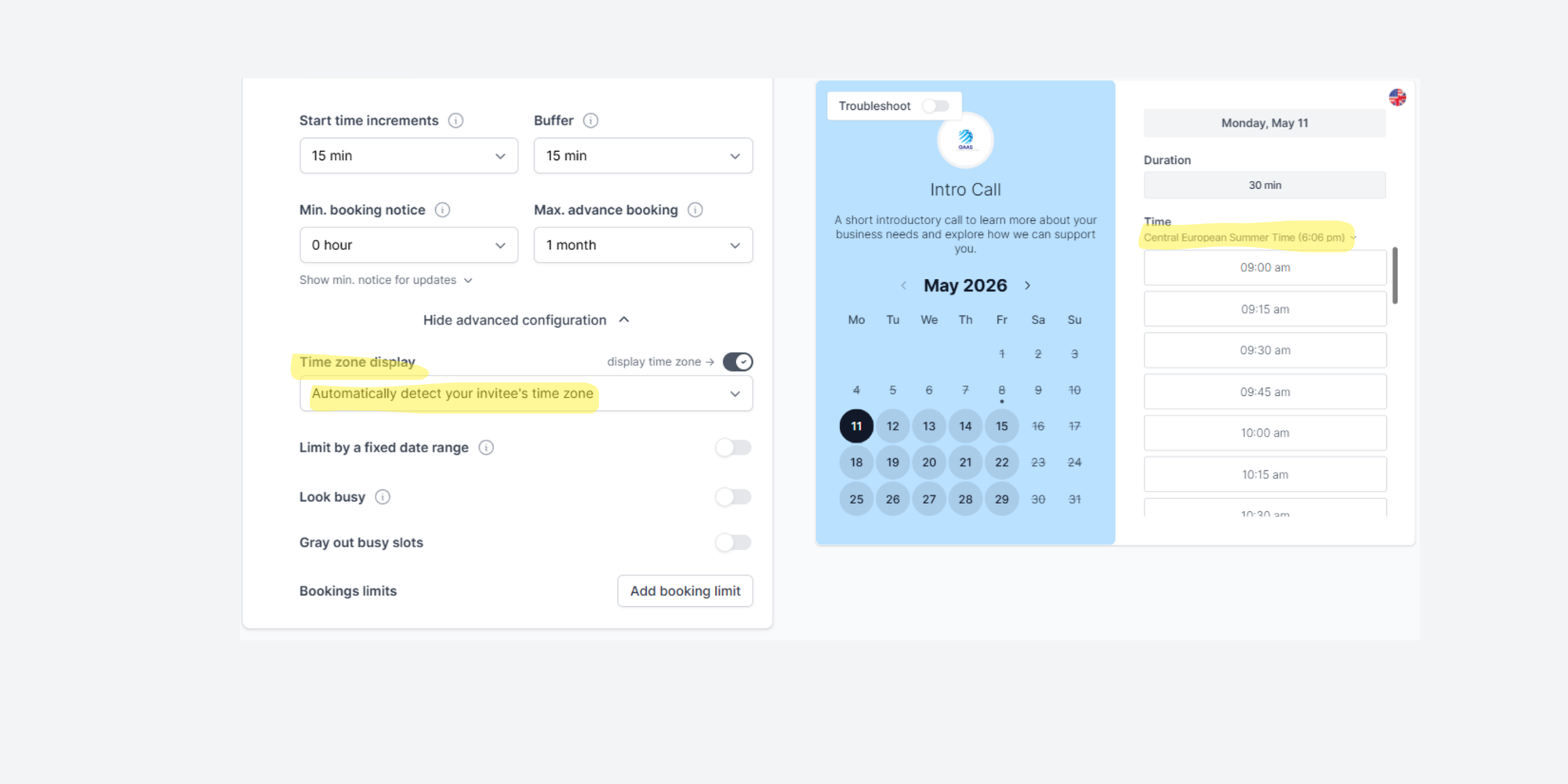 example of time zone detection by Koalendar